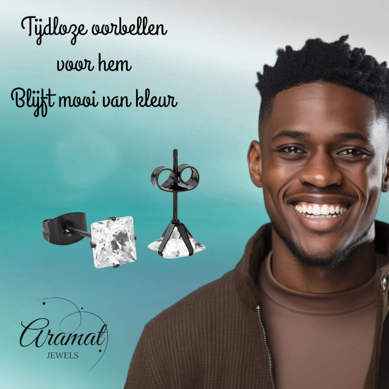 Oorbellen – RVS Zwartkleur met Vierkante Zirkonia (6mm)