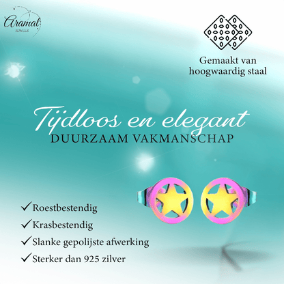 Ster cirkel oorstekers multikleur staal – 8mm - Aramat Jewels - Oorbellen - cadeautip