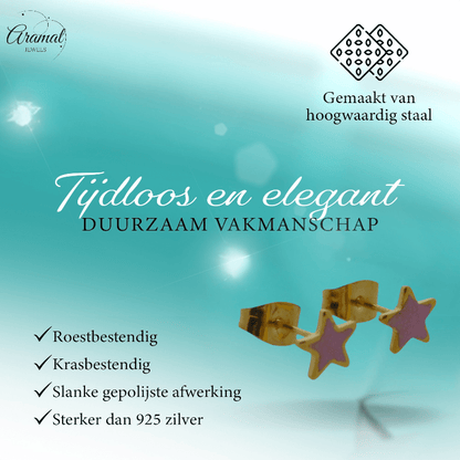 Ster Oorbellen - goudkleur - 6mm - Roze Emaille - Aramat Jewels - Oorbellen - cadeautip