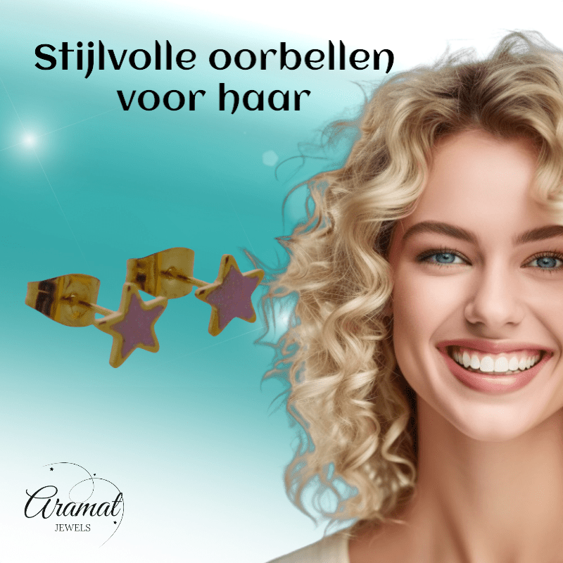Ster Oorbellen - goudkleur - 6mm - Roze Emaille - Aramat Jewels - Oorbellen - cadeautip