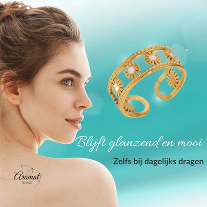Verstelbare RVS Ring met Emaille Bloemen - Goudkleur (7 mm) - Aramat Jewels - Ringen - cadeautip