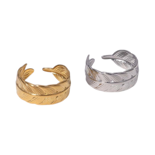 Verstelbare RVS Ring met Veertje Motief - Goudkleur of Zilver (8 mm) - Aramat Jewels - Ringen - cadeautip