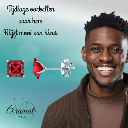 Oorbellen – 7mm Vierkante Zirkonia Rood op RVS Zilverkleur
