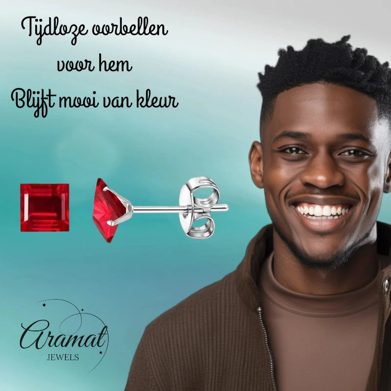 Oorbellen – 6mm Vierkante Zirkonia Rood op RVS Zilverkleur