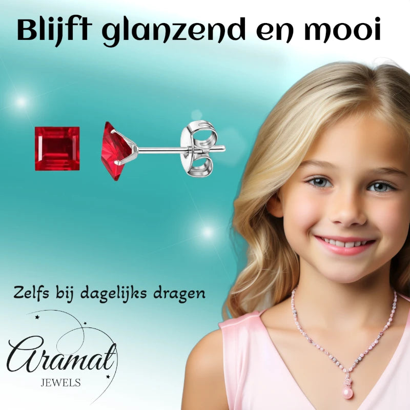 Oorbellen – 6mm Vierkante Zirkonia Rood op RVS Zilverkleur