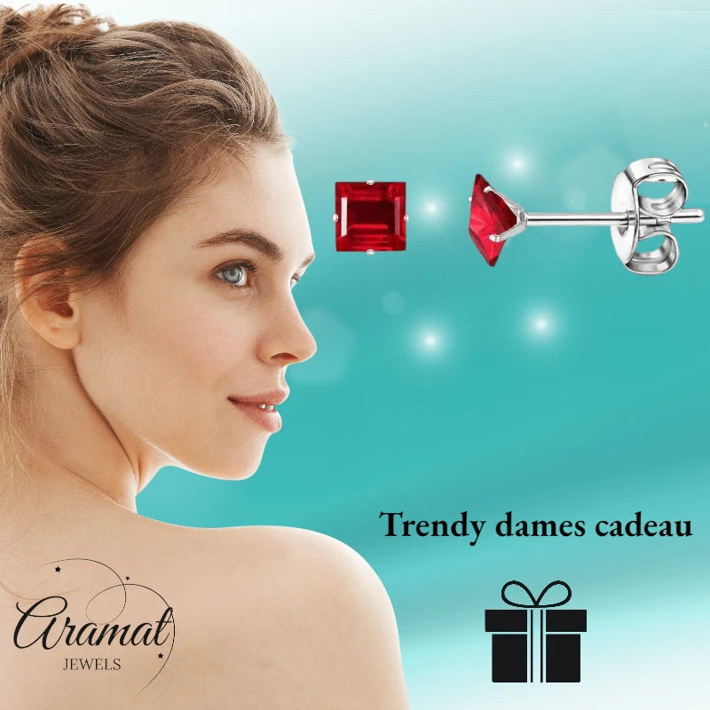 Oorbellen – RVS Zilverkleur met Rode Vierkante Zirkonia (4mm)