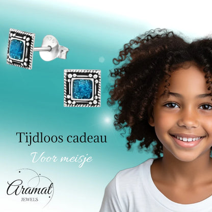 Oorstekers – Echt Zilver Bali Design Vierkant Blauw Emaille Glitter 6mm