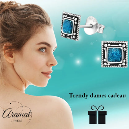 Oorstekers – Echt Zilver Bali Design Vierkant Blauw Emaille Glitter 6mm