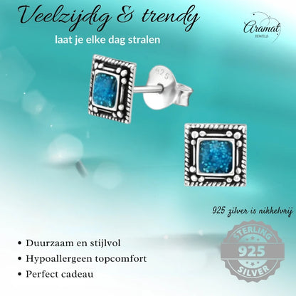 Oorstekers – Echt Zilver Bali Design Vierkant Blauw Emaille Glitter 6mm
