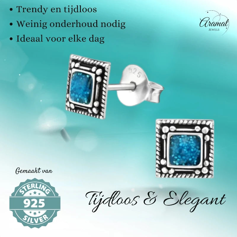 Oorstekers – Echt Zilver Bali Design Vierkant Blauw Emaille Glitter 6mm