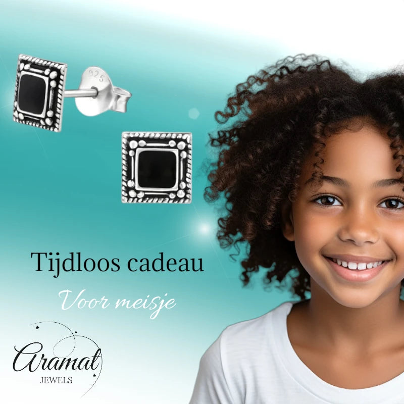 Oorstekers – 925 Zilver Bali Oorbellen Vierkant Zwart Emaille 6mm Geoxideerd