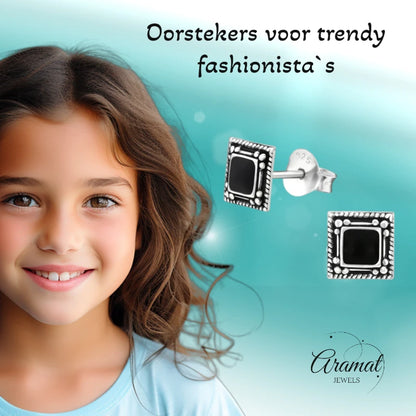 Oorstekers – 925 Zilver Bali Oorbellen Vierkant Zwart Emaille 6mm Geoxideerd