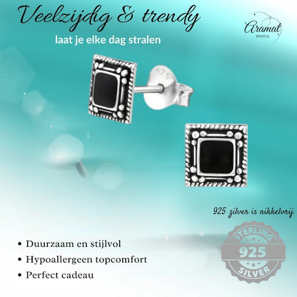 Oorstekers – 925 Zilver Bali Oorbellen Vierkant Zwart Emaille 6mm Geoxideerd