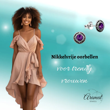 Oorstekers – Sterling Zilver Bali Etnisch Paars Kristal 7mm Dames