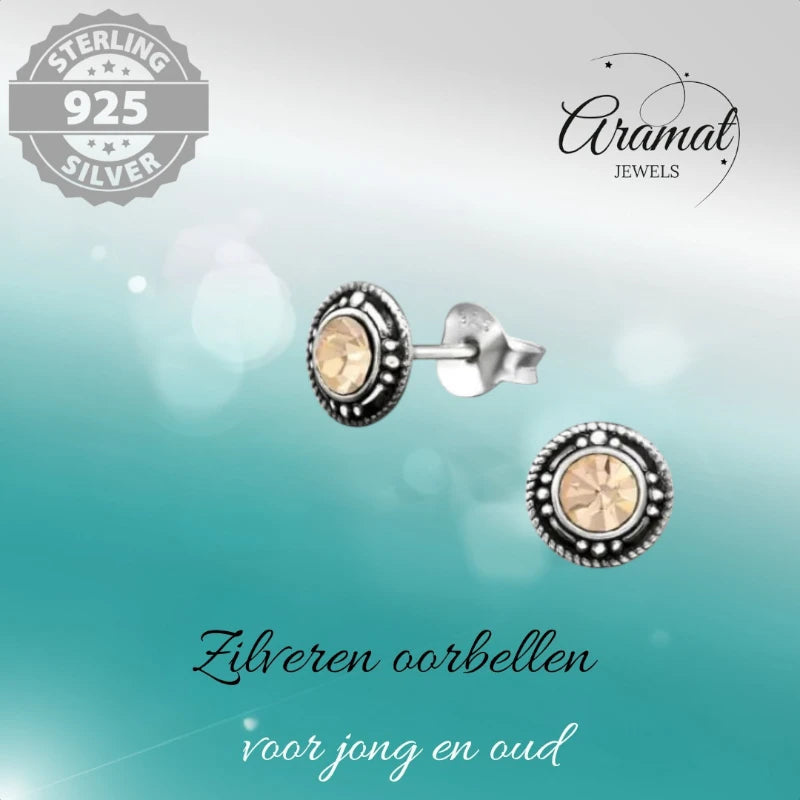Oorstekers – Sterling Zilver Bali Etnisch Champagne Kristal 7mm Dames