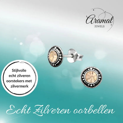 Oorstekers – Sterling Zilver Bali Etnisch Champagne Kristal 7mm Dames
