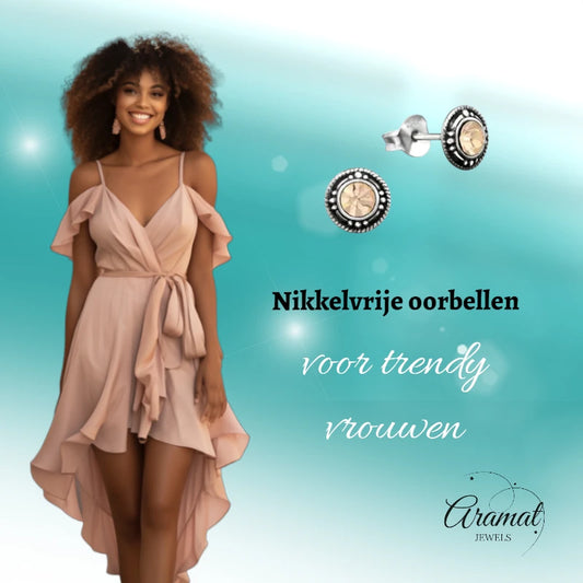 Oorstekers – Sterling Zilver Bali Etnisch Champagne Kristal 7mm Dames