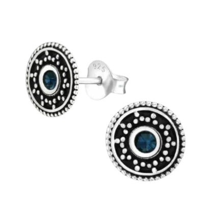 Oorstekers – Sterling Zilver Bali Etnisch Donker Blauw Kristal 9mm Rond Geoxideerd