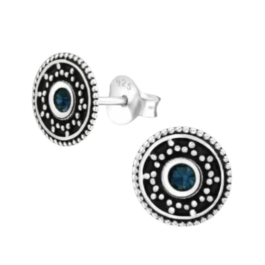 Oorstekers – Sterling Zilver Bali Etnisch Donker Blauw Kristal 9mm Rond Geoxideerd