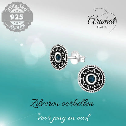 Oorstekers – Sterling Zilver Bali Etnisch Donker Blauw Kristal 9mm Rond Geoxideerd