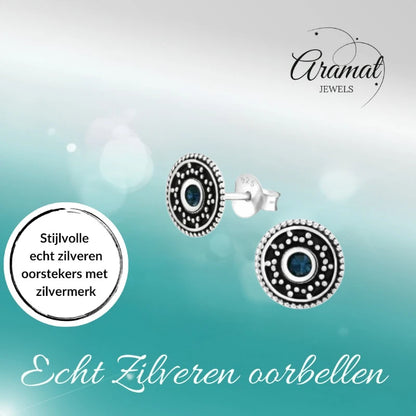 Oorstekers – Sterling Zilver Bali Etnisch Donker Blauw Kristal 9mm Rond Geoxideerd