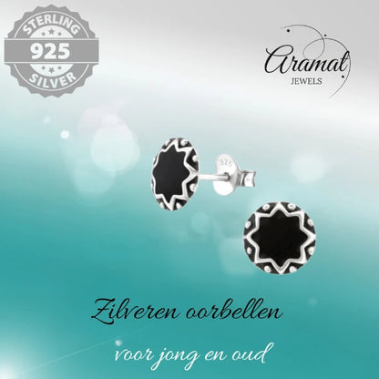 Oorstekers – Sterling Zilver Bali Etnisch Zwart Emaille 8mm Rond Geoxideerd