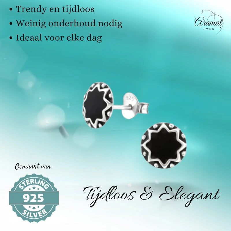 Oorstekers – Sterling Zilver Bali Etnisch Zwart Emaille 8mm Rond Geoxideerd