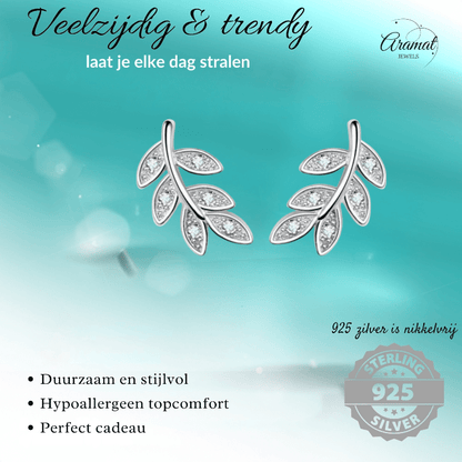 Zilveren Blaadje Oorbellen Zirkonia – 9x6mm - Aramat Jewels - Oorbellen - cadeautip