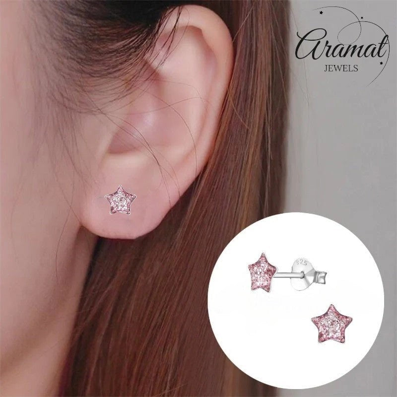 Zilveren Kinderoorbellen Paarse Glitter Ster 5mm - Aramat Jewels - Oorbellen - cadeautip