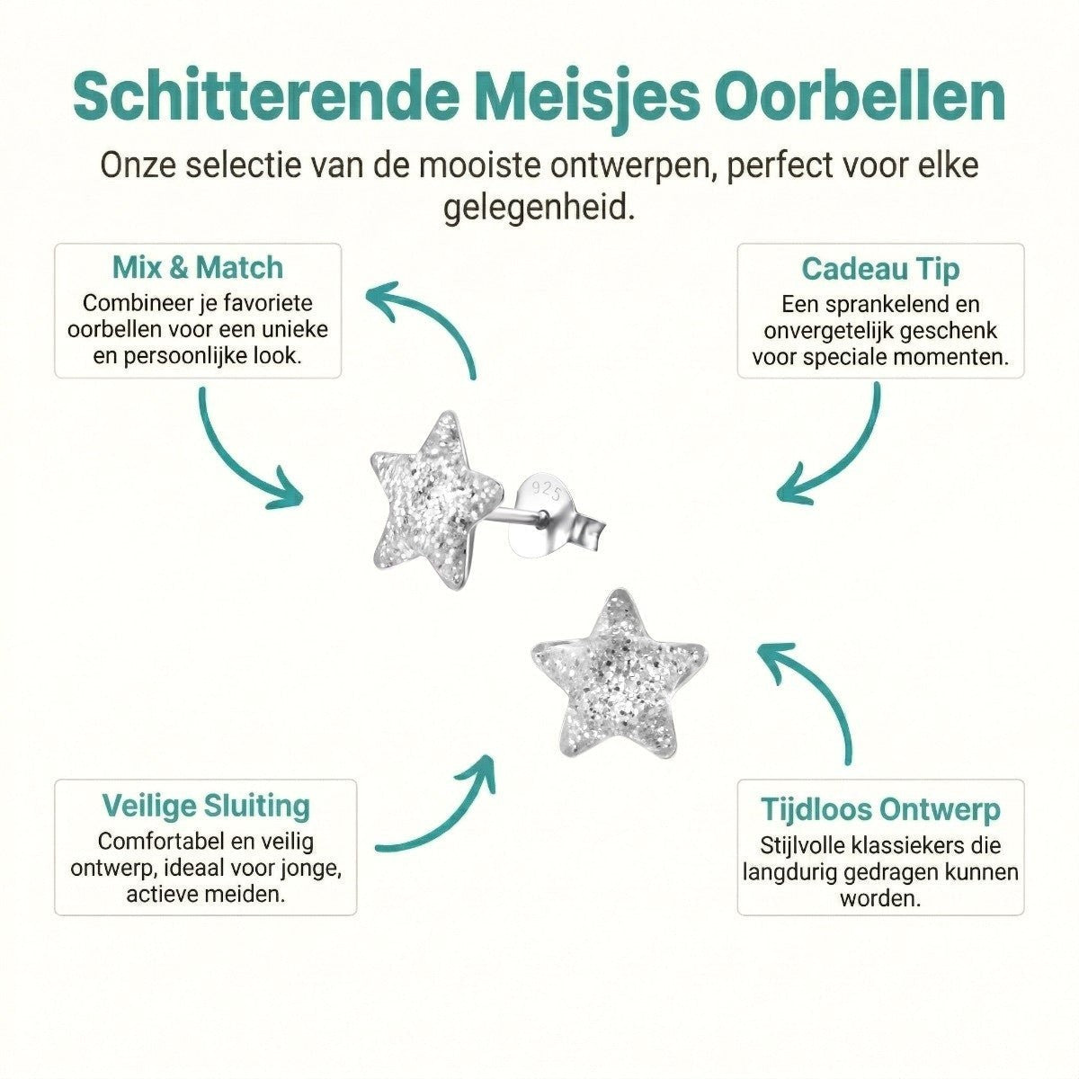Zilveren Kinderoorbellen Transparante Glitter Ster 9mm - Aramat Jewels - Oorbellen - cadeautip