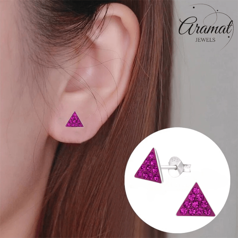 Zilveren Kristallen Oorbellen Driehoek - Donker Roze - Aramat Jewels - Oorbellen - cadeautip