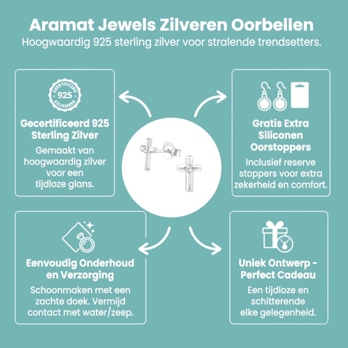 Zilveren Kruis Kristal Oorstekers - 8mm - 925 Zilver - Aramat Jewels - Oorbellen - cadeautip