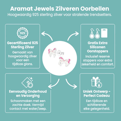 Zilveren Paarden Oorbellen - Wit/Roze Emaille - Aramat Jewels - Oorbellen - cadeautip