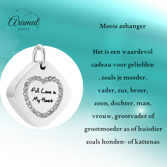 Vierkante ashanger staal met hartzirkonia 30x23mm