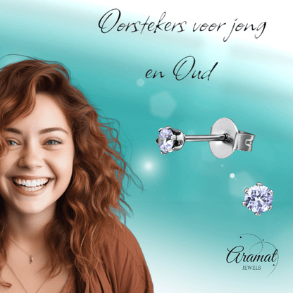 Zilverkleurige Zirkonia Oorbellen 3mm Lila - Aramat Jewels - Oorbellen - cadeautip