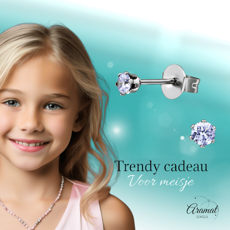 Zilverkleurige Zirkonia Oorbellen 3mm Lila - Aramat Jewels - Oorbellen - cadeautip