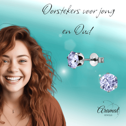 Zilverkleurige Zirkonia Oorbellen 6mm Lila - Aramat Jewels - Oorbellen - cadeautip