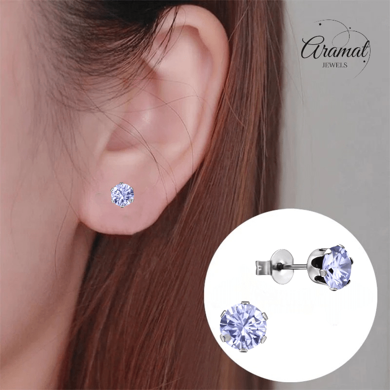 Zilverkleurige Zirkonia Oorbellen 6mm Lila - Aramat Jewels - Oorbellen - cadeautip