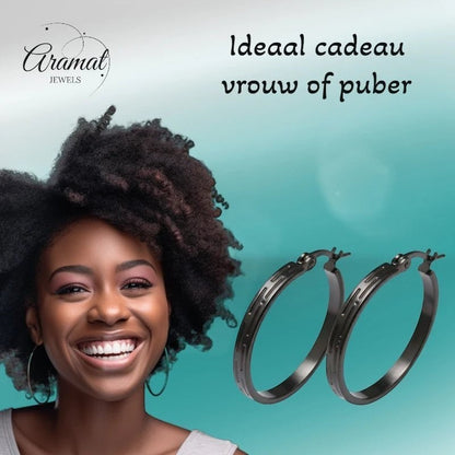 Zwarte RVS Oorringen met Grieks Motief - 25 mm - Aramat Jewels - Oorringen - cadeautip