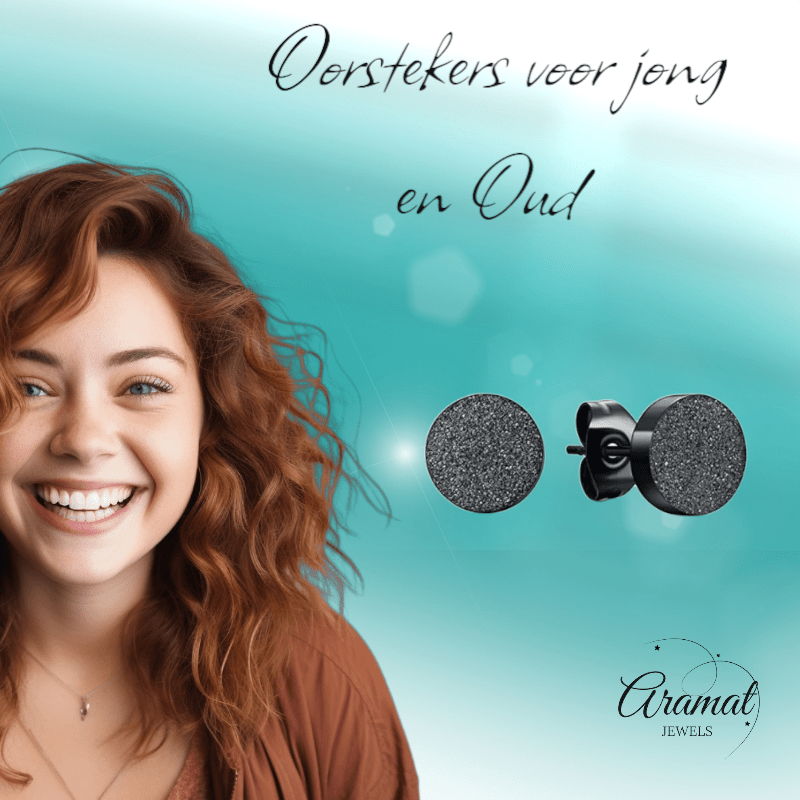 Zwarte RVS Oorstekers Sandblasted 6mm - Aramat Jewels - Oorbellen - cadeautip