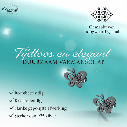Zwarte vlinder oorstekers staal – 8x10mm open vleugel - Aramat Jewels - Oorbellen - cadeautip